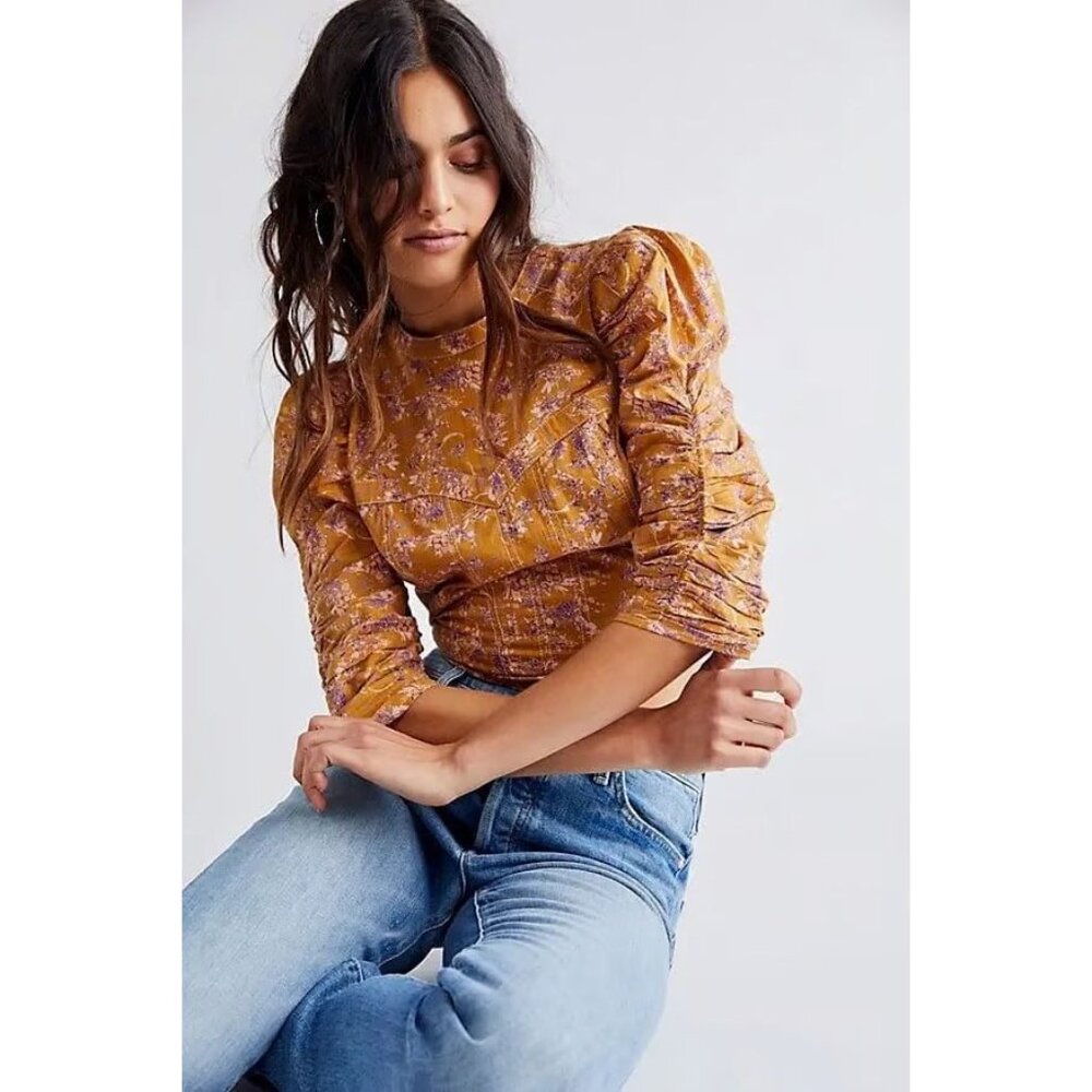 Free People MONICA Golden Floral Puff Sleeve Tie-Back Blouse Women's Sz L - Picture 3 of 10